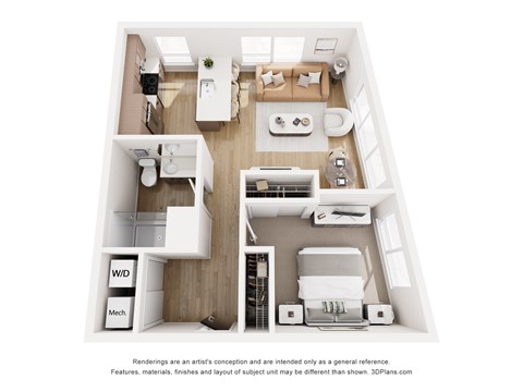 Floor plan for 1 bed, 1 bath, 670 sqft